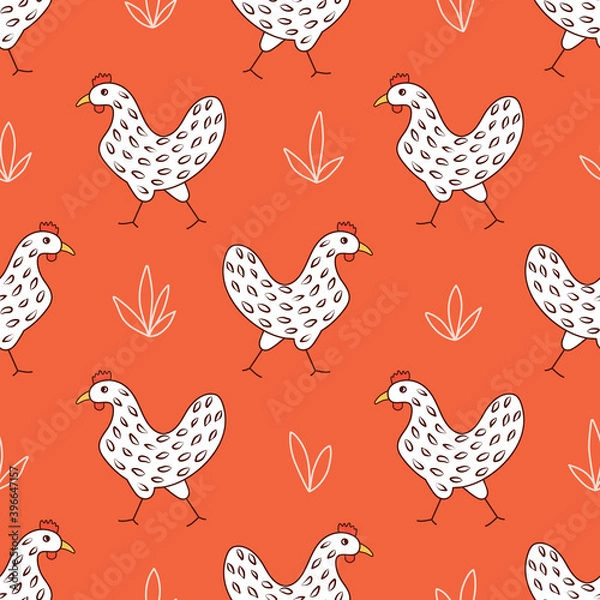 Fototapeta Hens cartoon ornamental seamless pattern. Stylized chicken. Hand drawn black and white speckled hens with floral elements. Cocks design for textile, wrapping paper, food, scrapbook