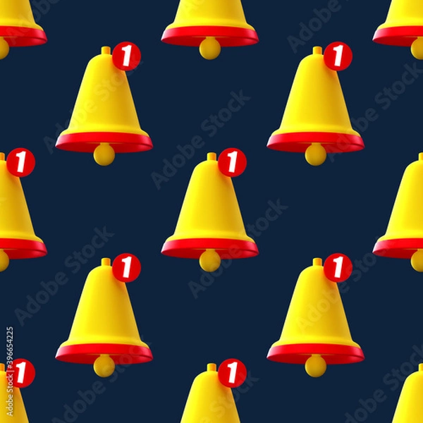 Fototapeta Notification bell seamless pattern creative concept. Cartoon Minimal Orange Ringing bells on blue background. One new notification concept. Social Media element 3d rendering