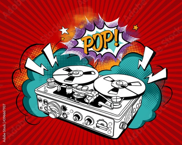 Fototapeta Vintage Recording equipment. Tape Recorder in a bright Pop Art style. Poster, card, t-shirt composition, hand drawn style print. Vector illustration.