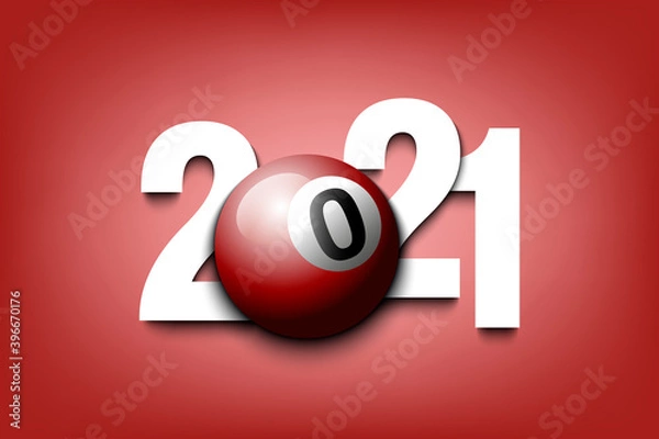 Fototapeta New Year numbers 2021 and billiard ball on an isolated background. Creative design pattern for greeting card, banner, poster, flyer, party invitation, calendar. Vector illustration