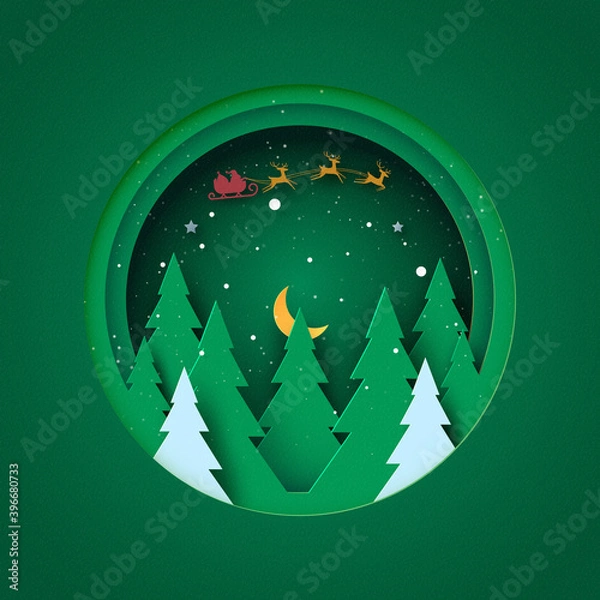 Fototapeta Merry Christmas and Happy new year concept.Winter landscape in green circle decorated with christmas tree,stars and santa claus.