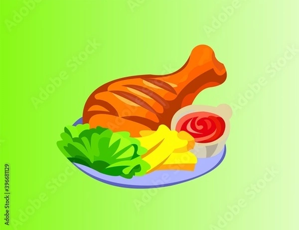 Obraz Vector of a fried chicken with its dressing on green background