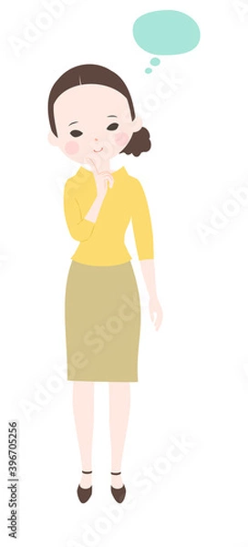 Fototapeta 人差し指を顎にあてて考え事をする若い女性の全身【主線なし】