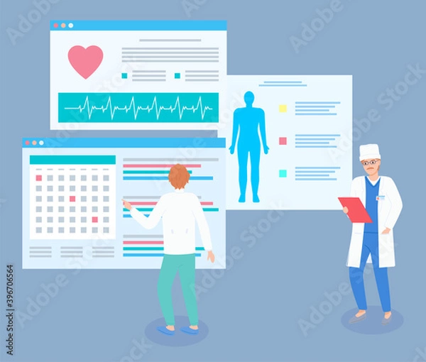 Fototapeta Doctor looking at clipboard in hand. Therapist looking at medical website with calendar, planning date of visiting patients. Electrocardiogram, results of scanning body, medical test, text information
