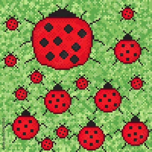 Fototapeta Ladybug on the grass pixel art. Vector picture.