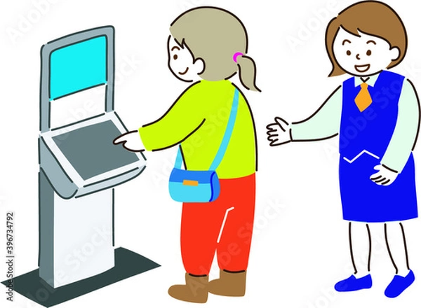 Fototapeta 自動受付機のタッチパネルを使う人と受付を案内する人