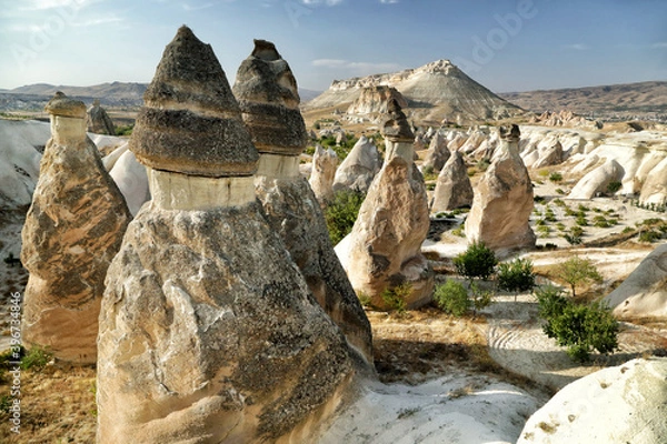 Obraz Unusually shaped cliffs of volcanic origin in the Pashabag Valley in the Cappadocia region in Turkey.