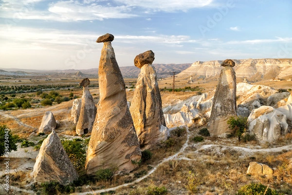 Obraz Unusually shaped cliffs of volcanic origin in the Pashabag Valley in the Cappadocia region in Turkey.
