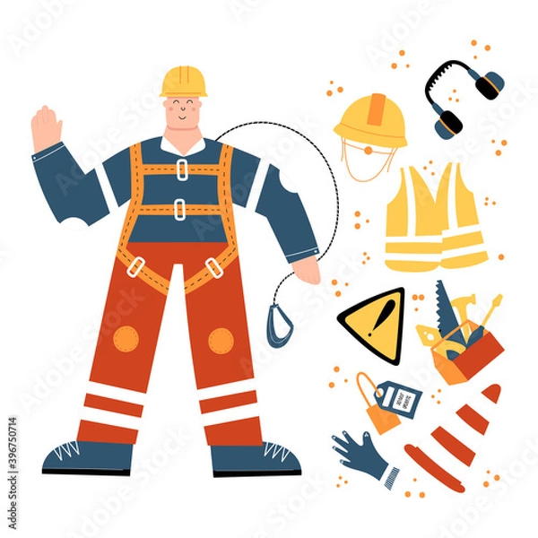 Obraz Construction or factory worker wearing hard hat, safety harness, work clothing and safety boots. Man ready to work at height. Safety equipment and PPE clipart with danger sign, tools, road cone, lock