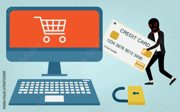 Fototapeta フィッシング詐欺でクレジットカード情報を盗むハッカーのイメージイラスト