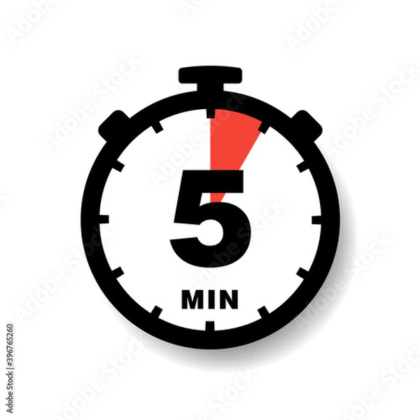 Fototapeta Five minutes on analog clock flat style design vector illustration icon sign isolated on white background. Analogue wall clock 5 minutes time management business concept
