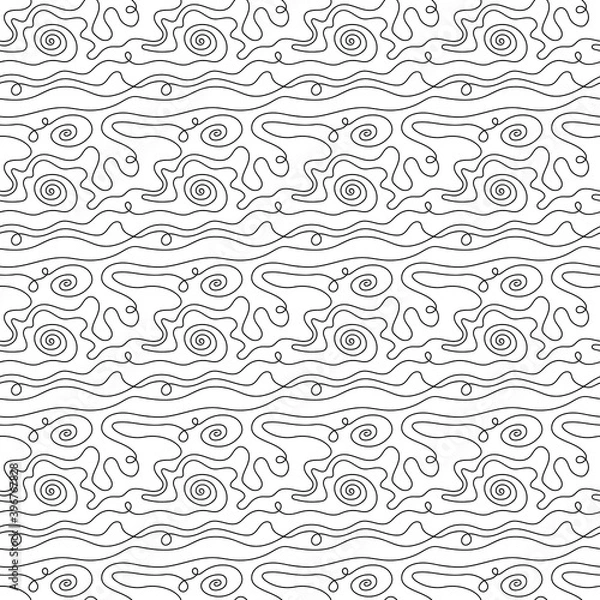 Fototapeta Background of a thin black line on a white background. One line. Linear style. An imprint, a twisting curve. Seamless pattern. Stock vector illustration.