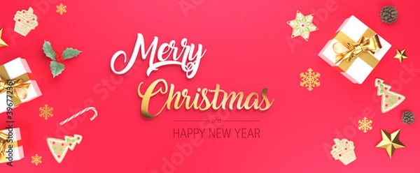 Fototapeta Merry Christmas red banner.  Frame decorative banner with presents, stars and gold ribbons. Holiday festive copy space. 3d rendering.
