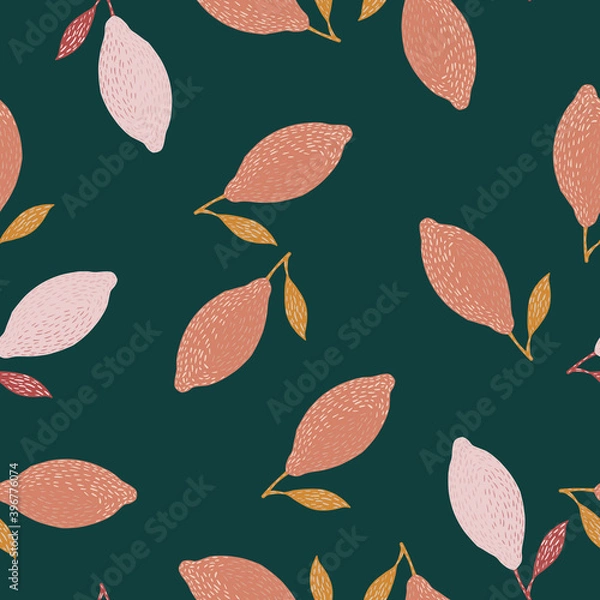 Fototapeta Random seamless doodle pattern with pink lemon ornament. Green dark background.