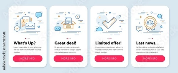 Fototapeta Set of Education icons, such as Vacancy, Documents box, Tick symbols. Mobile screen app banners. Justice scales line icons. Hiring job, Bureaucracy, Confirm check. Judgement medal. Vector