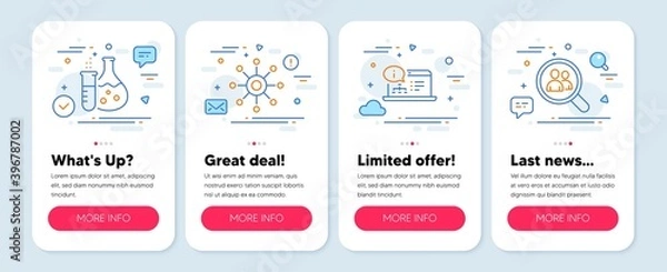 Fototapeta Set of Science icons, such as Online documentation, Multichannel, Chemistry flask symbols. Mobile screen app banners. Search employees line icons. Web engineering, Multitasking, Laboratory. Vector