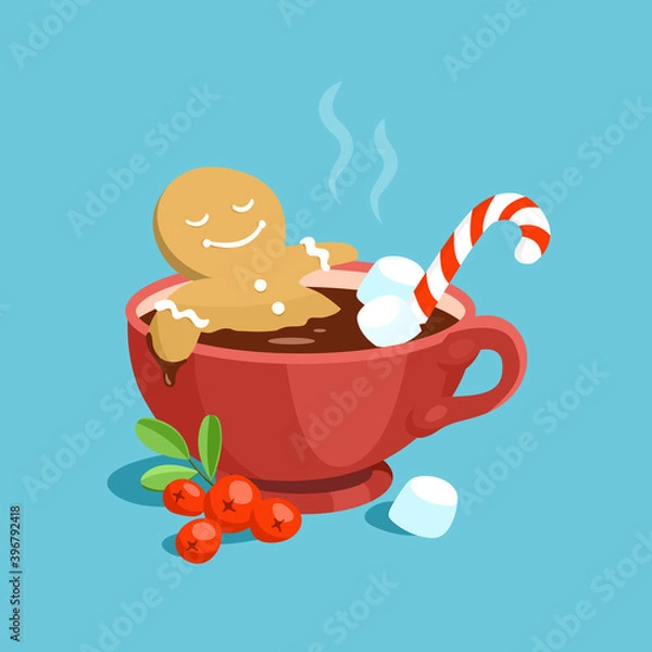 Obraz A cute cartoon gingerbread man takes a bath of hot chocolate in a red marshmallow cup. Vector Christmas card illustration