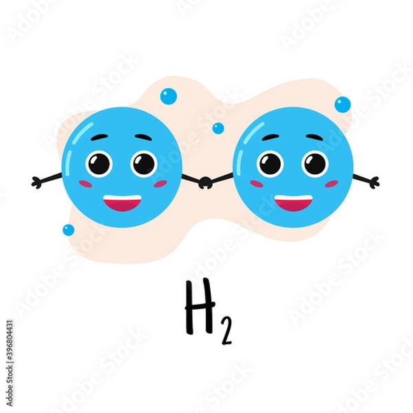 Fototapeta Structure of hydrogen molecule. Cartoon character. Study of chemistry. Vector illustration.