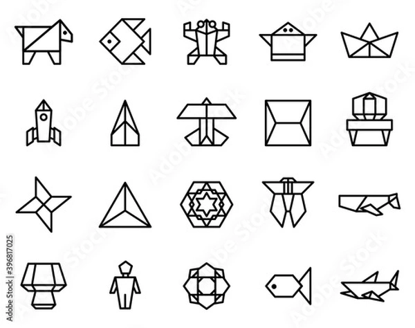 Fototapeta Simple set of origami paper icons vector on white background.