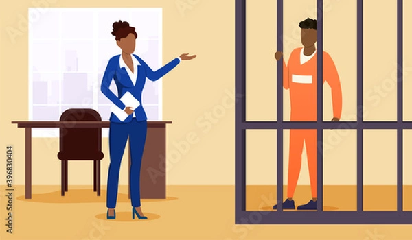 Fototapeta Lawyer and prisoner in court. Cartoon suspect, convicted person in cage. Advocate, barrister protecting client in courtroom. Prosecutor presenting evidence, proofs document. Vector illustration