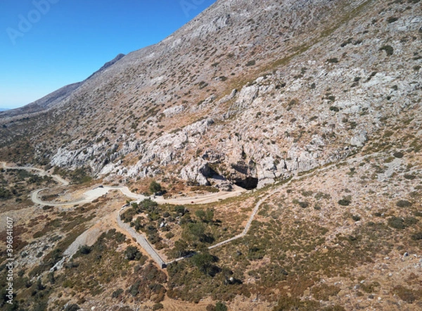 Fototapeta Aerial view of Ideon Antron Cave in Anogia village, Rethimno, Crete. It is believed to be the possible birthplace of Zeus in mythology.