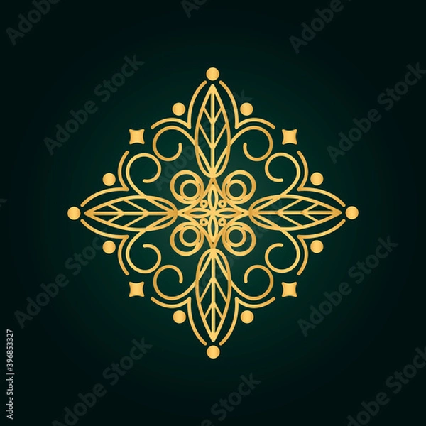 Fototapeta Vector model of logo design. Golden emblem pattern on green background.