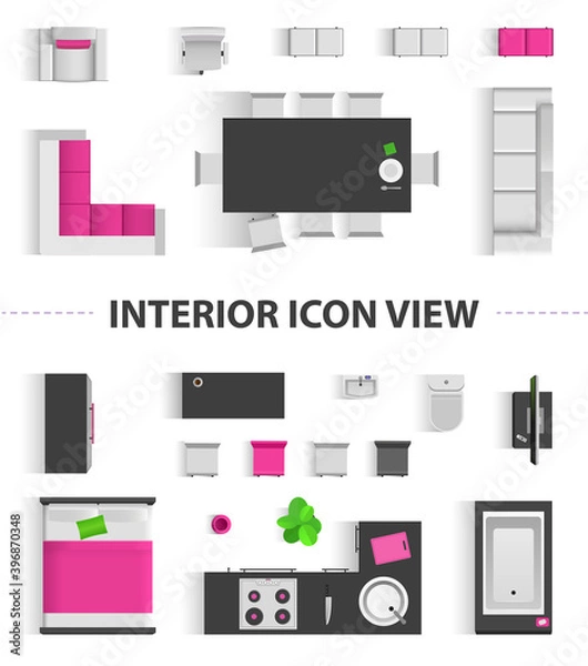 Fototapeta Set top view for interior icon design. Isolated Vector Illustration. Flat interior top view icon