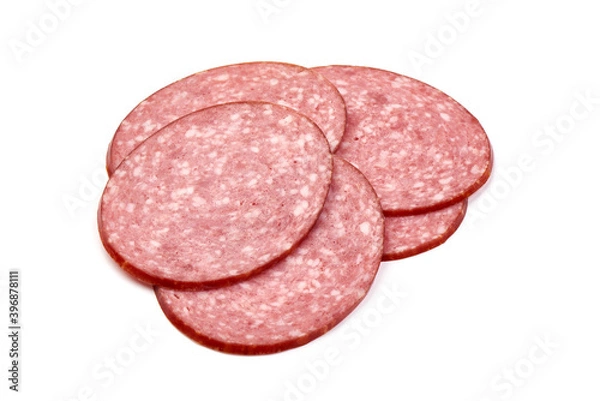 Fototapeta Sliced salami smoked sausage, isolated on white background