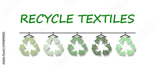 Fototapeta Recycle textiles text with recycle clothes icons textured with recycled fabric on hanger, reduce waste concept