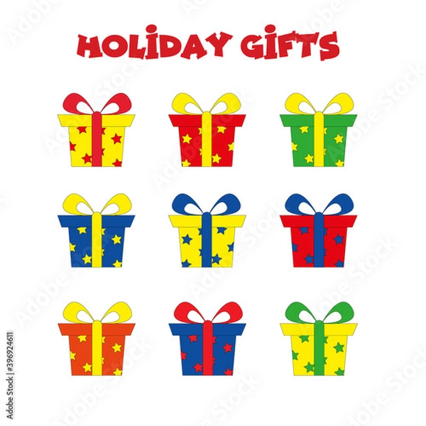 Obraz set of holiday gifts for new year, christmas and other holidays.  present boxes of different colors: red, yellow, green, blue.