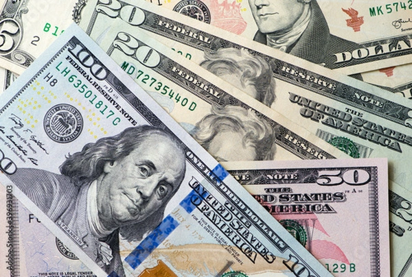 Obraz Cash of dollar note, dollars background. Lot of dollar bills close-up..American money. US dollars.