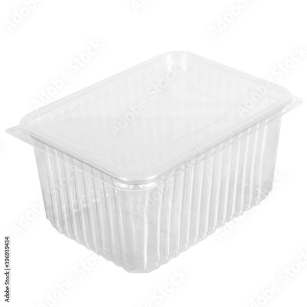 Obraz Reusable plastic transparent box for takeaway food, picnic, salad for shop isolated on white