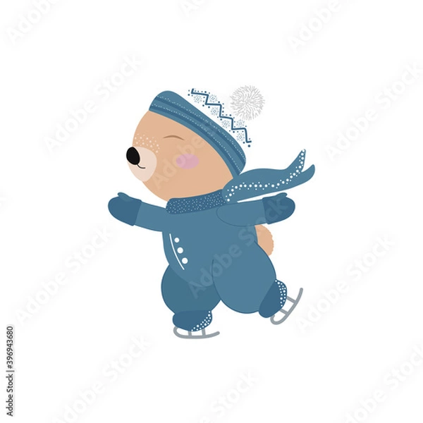 Fototapeta Vector illustration of a cartoon Teddy bear on skates in a hat and overalls. Christmas cartoon character illustration