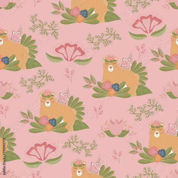 Fototapeta Fashionable seamless floral pattern with bear on . Fabric design with simple pink flowers. Vector cute repeating pattern for fabric, Wallpaper or wrapping paper
