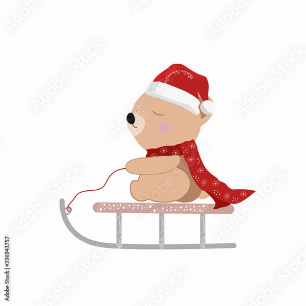 Fototapeta Vector illustration of a bear on a sleigh. Isolated on a white background. Cartoon bear in a red hat and scarf rides on a sled