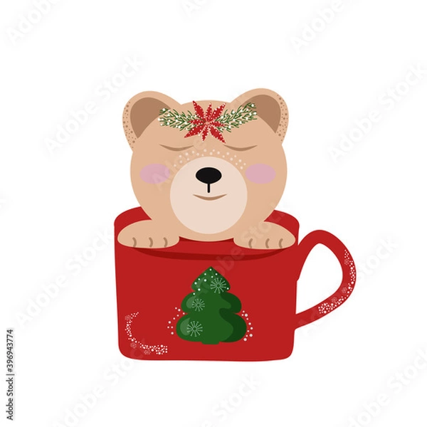 Fototapeta Vector illustration of a bear in a circle. New year mood, illustration on a white background