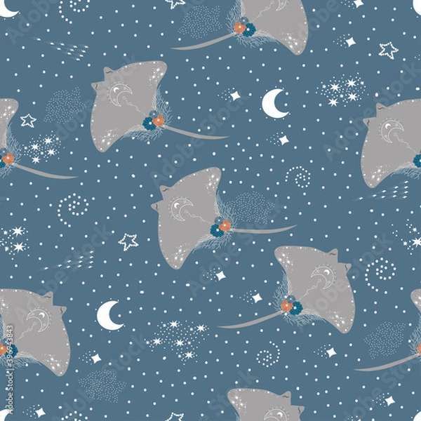 Fototapeta Vector illustration of an electric fish Stingray on a blue background with the Moon and stars.