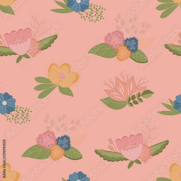 Fototapeta Fashionable seamless flower pattern of flowers on pink background. Fabric design with dec.orative flowers. Vector cute repeating pattern for baby fabric, Wallpaper or wrapping paper