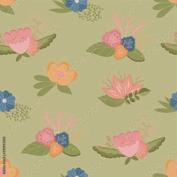 Fototapeta Floral pattern on a green background.Modern design for t-shirts, printed materials, fabrics and textiles.For invitation and wedding card, Wallpaper, poster, greeting card.Creative art of fashion