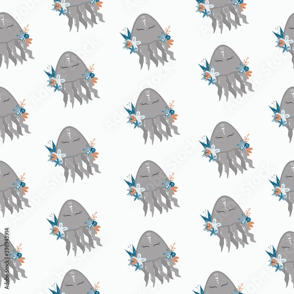 Fototapeta Cute cartoon cute jellyfish on white background. Seamless pattern, vector illustration.