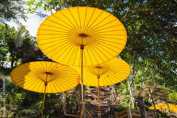Obraz Jungle Tourist destination decorated with Yellow Umbellas