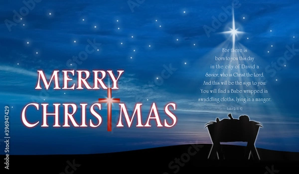 Fototapeta Christmas nativity scene of baby Jesus in the manger with scriptures in christmas tree shape