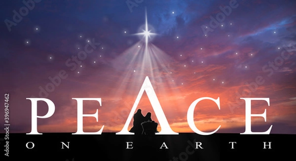 Fototapeta 
Christmas nativity scene of baby Jesus in the manger with Joseph and Mary, peace on earth