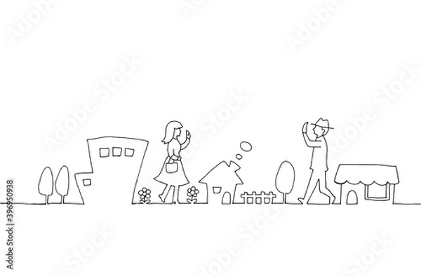 Fototapeta 人々と町並みの線画イラスト