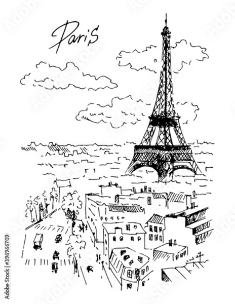 Obraz Hand drawn Eiffel tower and streets of Paris, France. Sketch, vector illustration.