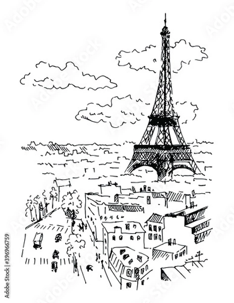 Obraz Hand drawn Eiffel tower and streets of Paris, France. Sketch, vector illustration.