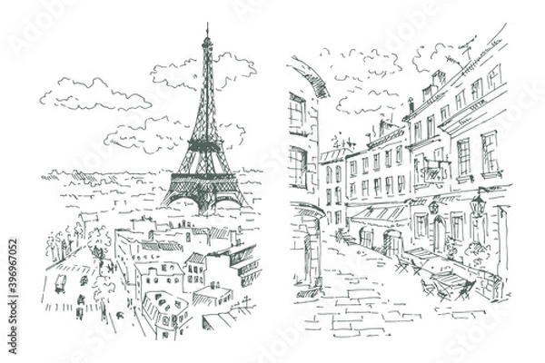 Obraz Hand drawn Eiffel tower and streets of Paris, France. Sketch, vector illustration.