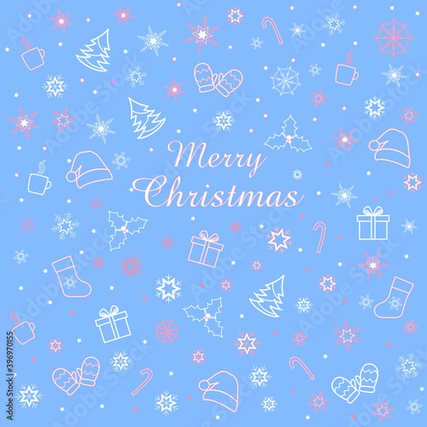 Fototapeta Postcard Merry Christmas on blue backgrund with pink element. Vector illustration