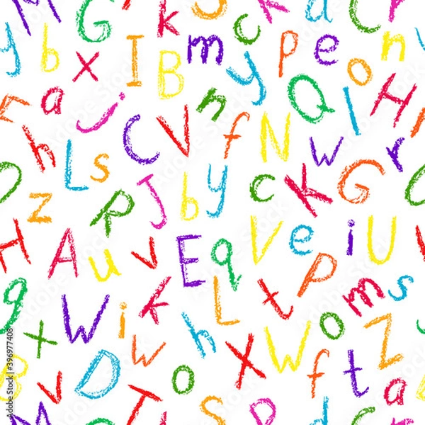 Obraz Crayon alphabet pattern. Children drawing style color letters collection. Hand drawn wax crayons font on white background. Isolated chalk style abc. Bright colorful crayon symbols. Chalk styled type. 