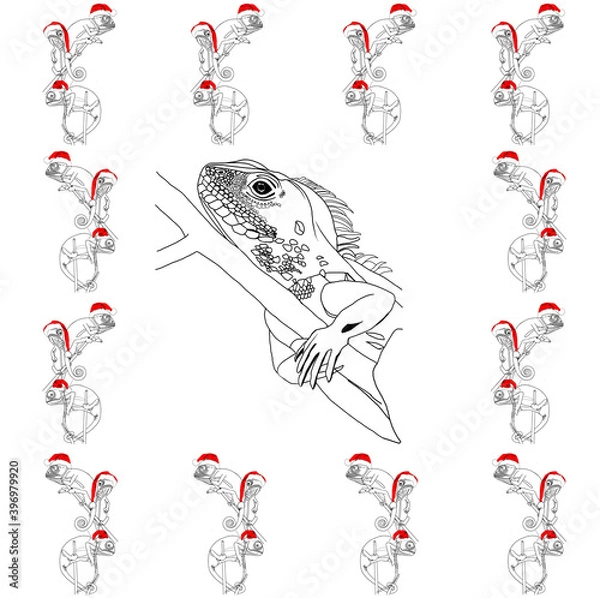 Obraz Pattern. Reptiles. Geckos in Christmas hats. Background. Stylish creative illustration for packaging, printing, banners. Trend. Cartoon character. For printing and design of advertising materials